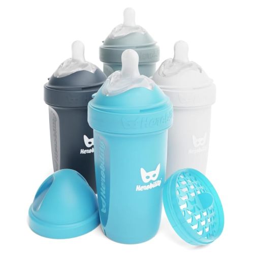 Herobility Double Anti-Colic Baby Bottles – 8.5 fl oz/240ml – 4-pack – BPA-free - Multicolor - White, Gray, Iron Blue, Blue