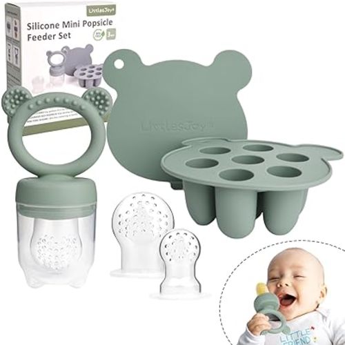 Silicone Baby Fruit Feeder & Freezer Tray Set, Breast Milk Popsicle Mold, BPA Free for 3+ Months, Includes Silicone Pouches (Sage)