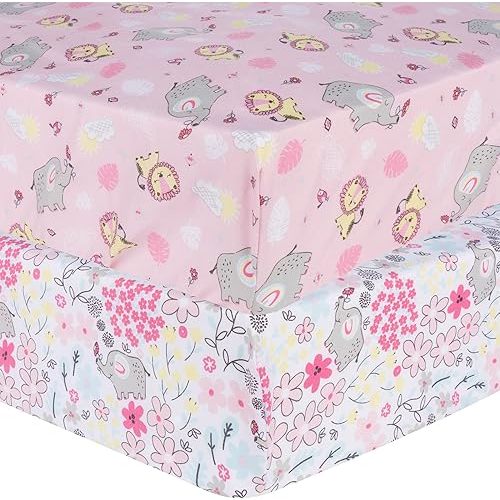 Sammy & Lou Jungle Flowers 2-Pack Microfiber Fitted Crib Sheet Set, Fits Standard Crib Mattress 28 in x 52 in; Fully Elasticized,