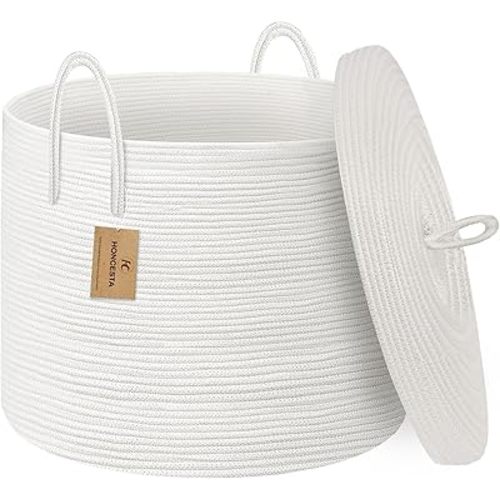 18" X 18" X 14" Extra Large White Basket with Lid, Woven Cotton Rope Basket for Blankets for Living Room, Kids Toy Storage Bin, Wicker Bathroom Towel Basket, All White Baskets for Organizing