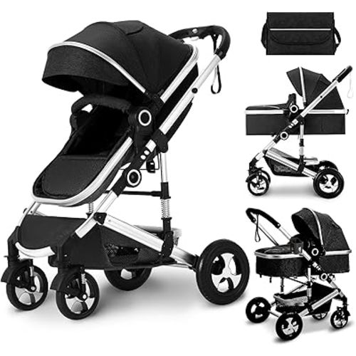 Kinder King 2 in 1 Convertible Baby Stroller, Folding High Landscape Infant Carriage, Newborn Reversible Bassinet Pram, Adjustable Canopy, Diaper Bag, Anti-Shock Toddler Pushchair Stroller, Black