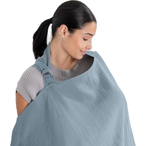 Comfy Cubs Nursing Cover for Baby Breastfeeding - 100% Muslin Cotton, Soft & Breathable Cotton, Breastfeeding Pumping Cover for Mom, with Rigid Hoop - Privacy Unisex Lightweight Wrap (Pacific Blue)