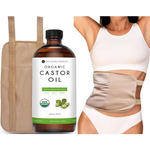 Kate Blanc Cosmetics Castor Oil Pack Wrap for Stomach & Belly (16oz Glass Bottle) Moisturize Body & Skin. Reusable, Adjustable, Comfortable Fit.