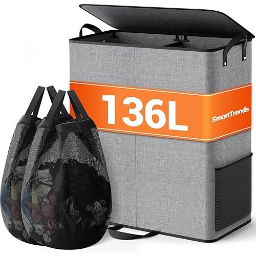 Large Double Laundry Hamper with Lid, Removable Bags & Reinforced Handles, 2 Section Tall Laundry Basket, Dirty Clothes Hampers for Laundry Room, Bedroom, Bathroom, Dorm, 136L, Gray