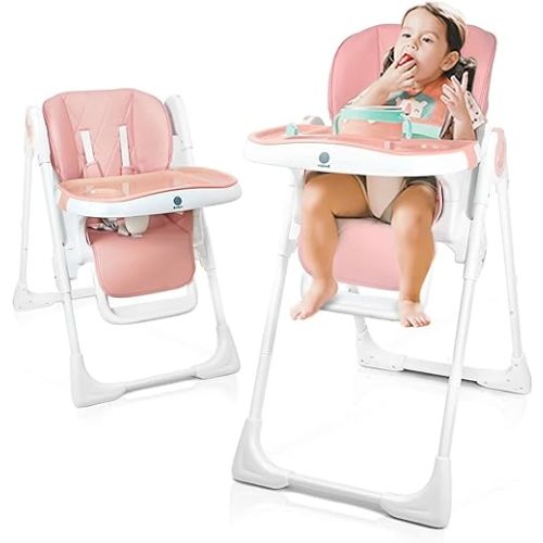 4 in 1 Baby High Chair Foldable Booster Seats, Portable and Compact Adjustable High Babychair for Babies and Toddlers - Multiple Heights and Positions (Pink)