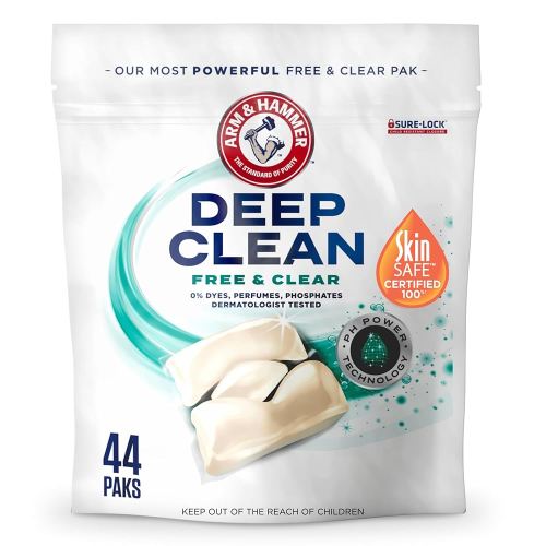 ARM & HAMMER Deep Clean Free & Clear Power Paks Concentrated Laundry Detergent, Free of Dyes, Perfumes and Phosphates, Dermatologist Tested, 44 Count
