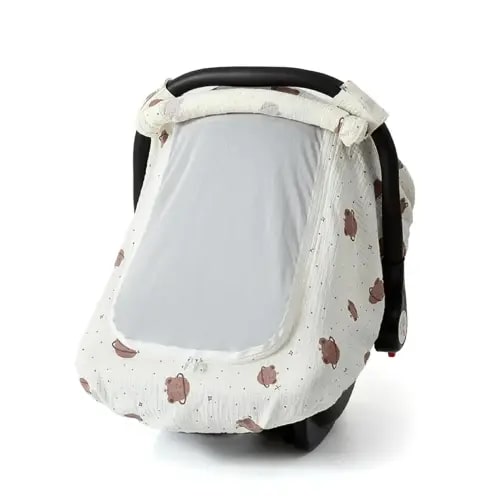 Muslin Cotton Baby Car Seat Cover for Boys and Girls, Summer Baby Car Seat Covers Infant Car Seat Canopy with Breathable Mesh Window Windproof Carseat Cover for Babies (White)