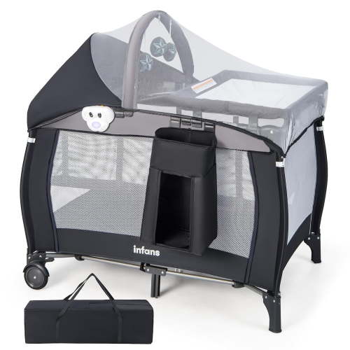 OLAKIDS 4 in 1 Pack and Play, Portable Travel Baby Playard with Bassinet, Changing Table, Canopy, Mosquito Net, Hanging Toys, Music Box, Storage Bag, Large Playpen from Newborn to Toddlers