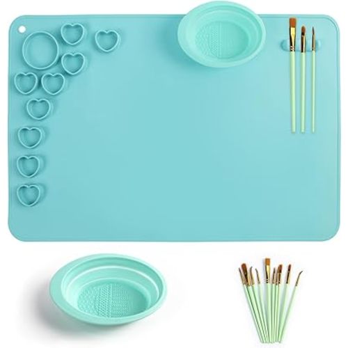 Painting Mat, Silicone Painting Mat Children's Painting Station Rubber Painting Mat 23.5”X 15.5” Inches with 10 Brushes and a Cup Ideal for Painting Activities at School, Home and More