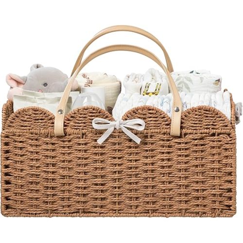 HBlife Large Baby Diaper Caddy, Paper Rope Storage Baskets Nursery Bin with Removable Divider, Portable Car Organizer for Diapers, Baby Shower Gifts, Newborn Essentials Must Haves