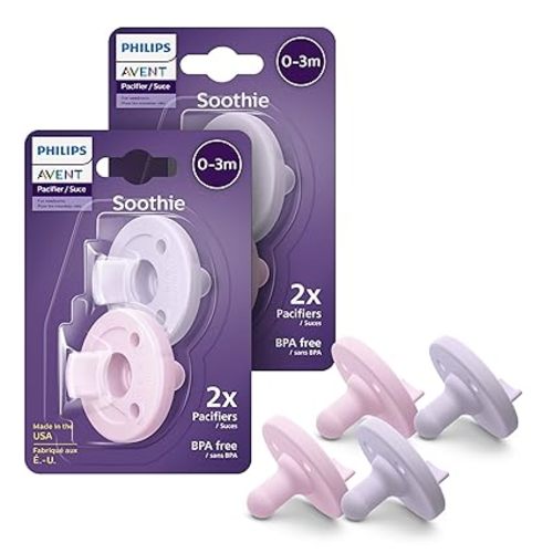 Philips Avent Soothie Baby Pacifiers - 100% Silicone Pacifiers for Babies 0-3 Months, One-Piece Design, BPA-Free, Extra Durable, Lilac and Pink, 4 Pack, Model SCF190/70
