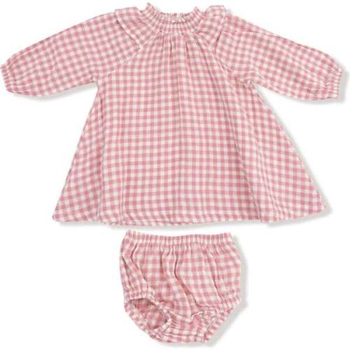 Angel Dear Long Sleeve Ruffle Smocked Neck Dress + Diaper Cover Rose Pink Plaid