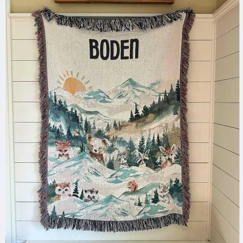 Personalized Name Blanket Baby Mountain Theme Woodland Nursery Decor Forest Animals Peeking Animal Design Mountain Scene Baby Room Forest