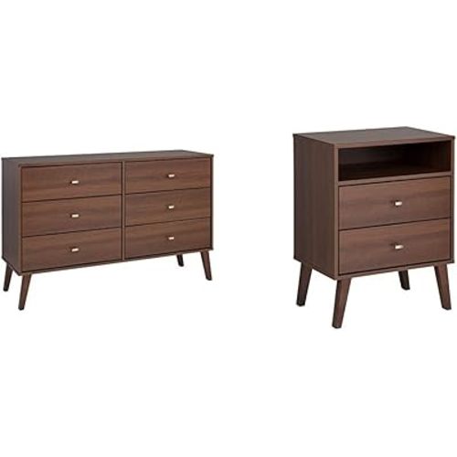 Prepac Milo Mid-Century 6 Drawer Dresser for Bedroom, 16" D x 52.50" W x 33" H, Cherry & Milo 2-Drawer Tall Nightstand with Open Shelf, Cherry