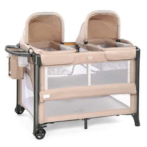 JOYMOR Twin Bassinet for Baby, Beige Bedside Bassinet, Convertible to Bedside Sleeper and Playpen, with Wheel, Brake, Foldable Side Sleeper,Beige