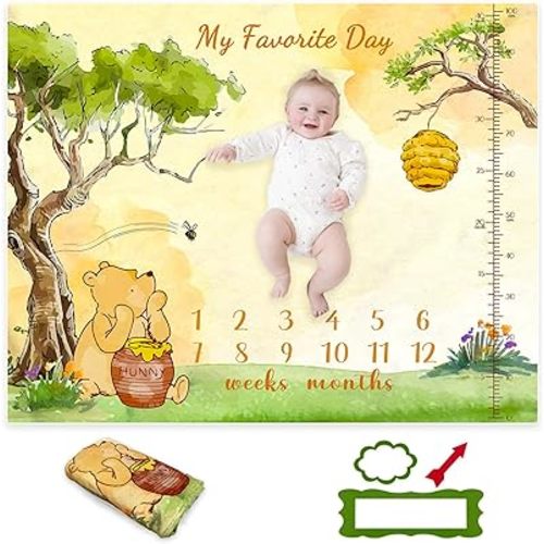 Classic Winnie Baby Monthly Milestone Blanket - Bear Baby Stuff Winnie Milestone Blanket for Baby Boy Girl Nursery Decor Baby Shower 47"x40"