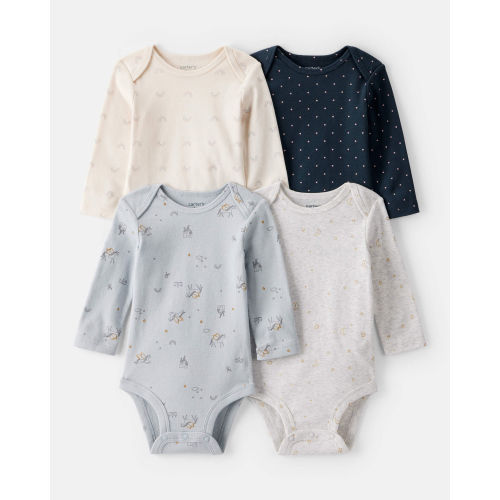 Baby Girl 4-Pack Unicorn, Heart, Star Print Long-Sleeve Multipack Bodysuits - Navy Blue/White - Carter's | Carter's
