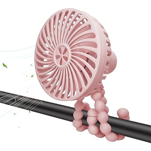 Stroller Fan, 3 Speed Adjustable Portable Fan, USB Rechargeable Battery Powered, Handheld Fan with Flexible Tripod, Suitable for Cribs and Treadmills Student Desks Bicycles Beach Camping (Pink)