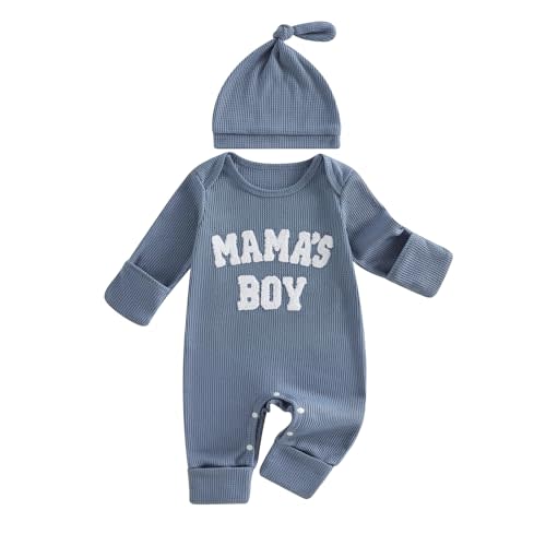 Baby Boy Coming Home Outfit Mamas Boy Little Dude Romper & Hat | Newborn, Infant, Baby Shower Present, Waffle Knit, Embroidered, Long Sleeve, Folded Cuffs, Spring Fall Clothes, Jumpsuit