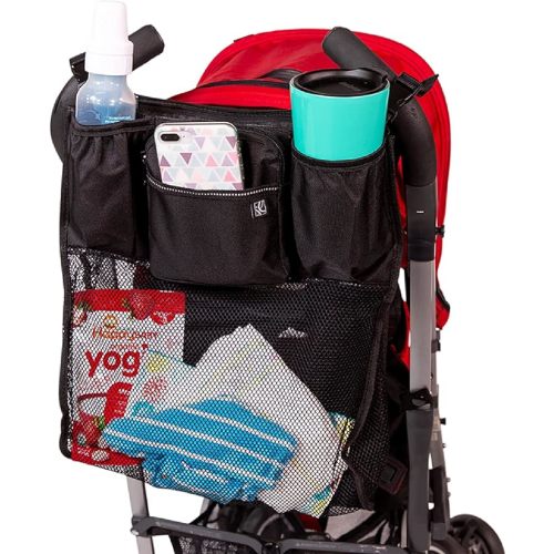 J.L. Childress Cups 'N Cargo Universal Stroller Organizer with Cup Holders and Mesh Storage Compartment - Deep Cup Holders - Multiple Zippered Pockets - Fits Uppababy, Stroller Wagons & more - Black