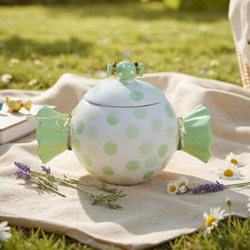 Cute Storage Jars with Lid, Unique Candy Shape Ceramic Food Container, Cookie Canister for Snacks, Coffee Bean, Sugar, Tea, Spices, Beans, Cereal, Nuts - 500 ml / 16.9 oz (Pink Stripes)