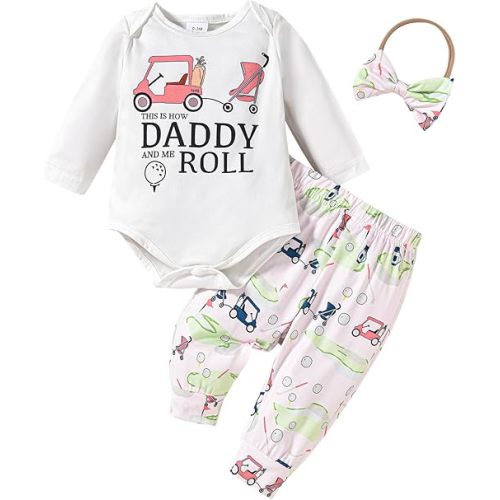 Newborn Baby Boy Girl Golf Outfit Long Sleeve Letter Golf Cart Romper Golf Pants Baby Golf Hat Set 3Pcs Fall Clothes