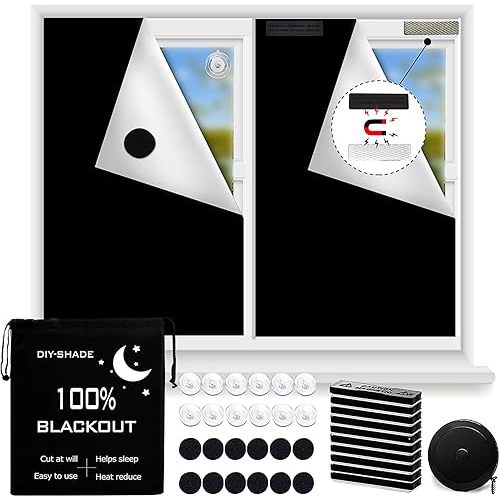 Blackout Blind Magnetic Blackout Curtain,Travel Temporary Black Out Window Cover Sunblock Curtains with Suction Cups and Magnetic Fasteners, 2 Way to Put Up (118" x 57")