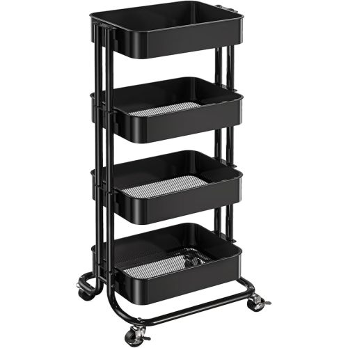 Pipishell 4 Tier Metal Rolling Utility Cart, Heavy-Duty Storage Rolling Cart with 2 Lockable Wheels, Multifunctional Mesh Organization Utility Cart for Kitchen Dining Room Living Room, PIUC13B