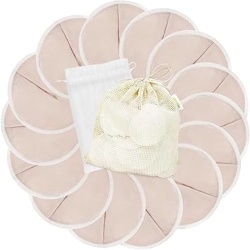 wegreeco Nursing Breast Pads (14 Pack) + Laundry Bag & Travel Storage Bag, 4.7 inch - Washable & Reusable Breastfeeding Nursing Pads (Rose Gold, Large, Contoured Shape)
