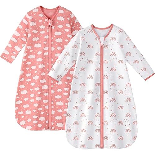 Baby Sleep Sack 0-6 Months 100% Cotton Long Sleeve Wearable Blanket Baby Sleep Bag with 2-Way Zipper 2 Pack 0.5 Tog Sleeping Sack for Newborn Infant White Pink Rainbow