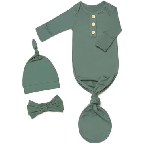 Newborn Baby Knotted Gown, Super Soft Silky Infant Sleeper, Baby Girl Sleep Gown with Mittens, Bow, and Hat Set