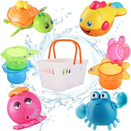 iPlay, iLearn Baby Bath Toys w/ Organizer, Water Squirting Octopus, Wind Up Swimming Turtle, Bathtub & Shower, Stacking Cups, Stocking Stuffer Gifts for 6 9 12 18 Month 1 2 3 Year Toddler Girl Boy Kid