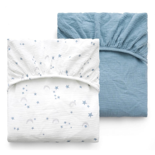 Momcozy Muslin Standard Fitted Crib Sheets, 52"x28", 2 Pack Soft Breathable Natural Cotton Baby Mattress Sheet, 360° Mattress Wrapping No Slip Boys Girls Neutral Toddler Bed Sheet, Blue Star Moon