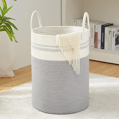 Woven Rope Laundry Hamper Basket, 58L Tall Luandry Basket, Baby Nursery Hamper for Blanket Storage, Clothes Hamper for Laundry in Bedroom-Grey