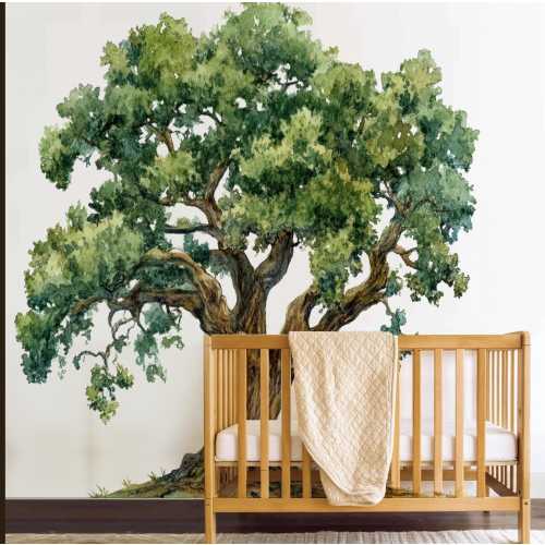 Watercolor Tree Wall Decal, Wall Decor, Nursery Wall Decals, Large and Tall Green Peel and Stick Kids Room Decor Home Wall Art