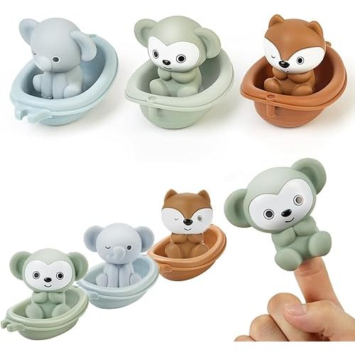 Baby Bath Toy Stackable Infant Bathtub Toys Stacking Floating Boat Train with Animal Finger Puppets Bath Toy Silicone Hand Puppet Educational Beach Toys for Babies Toddlers Party Favors