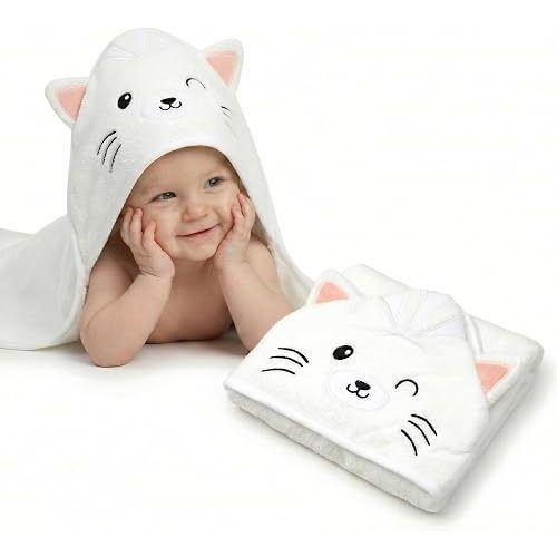 Premium Baby Towel for Bath with Hood, Extra Soft Fabric, Cat, White