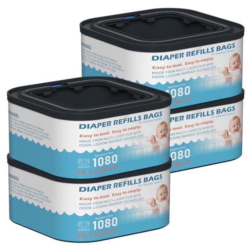 Jumbo+ Square Refills Disposal Bags Refill Compatible with Diaper Genie Classic, Compact, Premier and Select Pails, Hold Up to 1080 Newborn-Sized Diapers Per Refill, 4 Pack