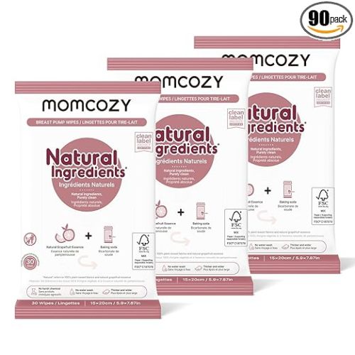 Momcozy Natural Breast Pump Wipes for Pump Parts Cleaning On-the-go, 30 Count (Pack of 3), Flash Clean & Resealable Pump Wipes