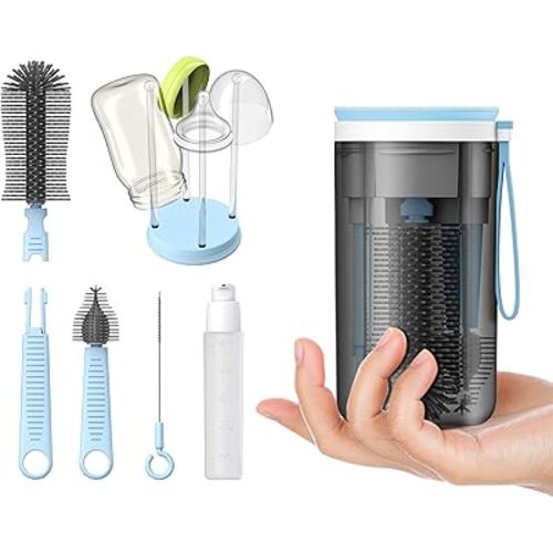 Travel Bottle Brush with Portable Bottle Drying Rack, Travel Essentials for Baby, Blue