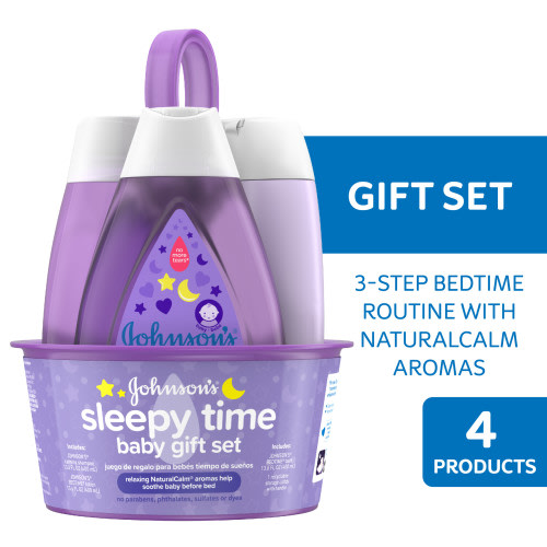 Johnson's Sleepy Time Bedtime Baby Gift Set: New Born Bath Essentials with Lotion, Wash and Shampoo, 4 Items