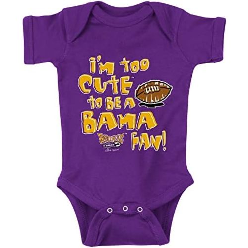 Smack Apparel LSU Football Fans. I'm Too Cute to be a Bama Fan. Purple Onesie or Toddler Tee (NB-7T)