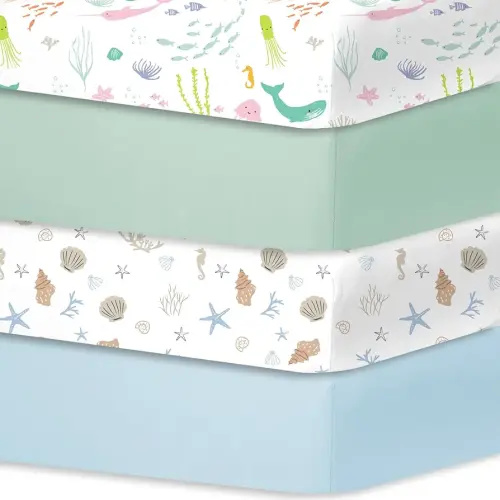Bimocosy Crib Sheets for Boys Girls, Fitted Crib Sheet 4 Pack for Standard Crib and Toddler Mattresses, Super Soft Breathable Microfiber Baby Sheet 28x52x8in, Ocean World/Milky Green/Seashell/Blue