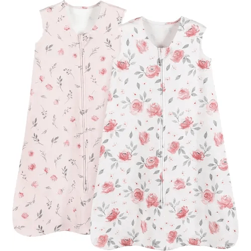 PHF 100% Cotton Baby Sleep Sack, 6-12 Months Wearable Baby Blanket, 2-Way Zipper Infant Sleeping Sack for Baby Girls, 2 Pack Comfy Medium Size Sleeveless Sleeping Bags, Pink Floral
