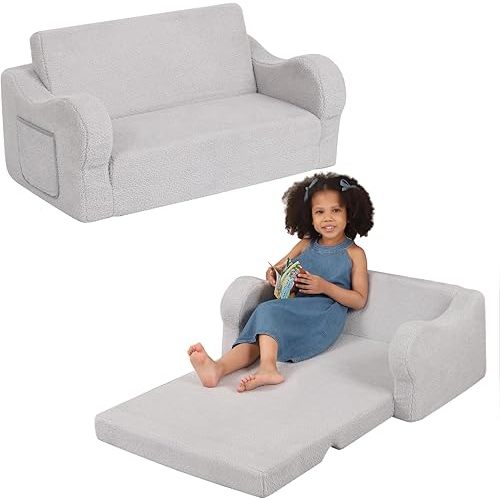 Extra Wide Toddler Chair, 2-in-1 Toddler Couch Fold Out, Convertible Sherpa Sofa to Lounger for Boys & Girls, Grey