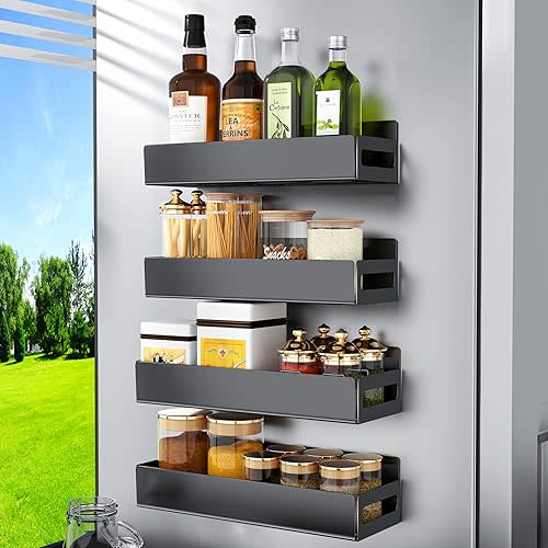 Magnetic Spice Rack Organizer For Refrigerator, Magnetic Shelf For Refrigerator And Microwave Oven, Metal Kitchen Organizer For Space Saver (4 Pack Black)