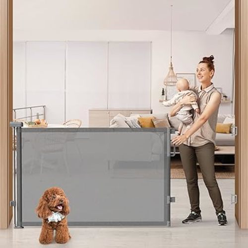 Cideny 76'' Retractable Baby Gates Extra Wide, Mesh Long Dog Gate for Wide Openings, Indoor Outdoor Stair Gate for Doorways Hallways Deck Porch, Child Pet Safety Essentials for Home, Grey