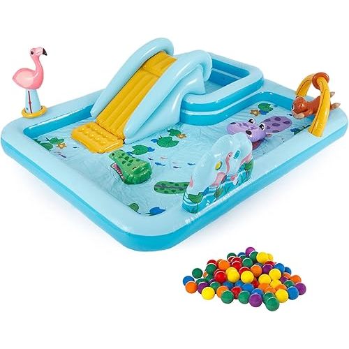 Intex 96 x 78 x 28 Ft Inflatable Jungle Adventure Play Center Spray Kiddie Pool & Small Plastic Multi-Colored Fun Ballz for Ball Pit, 100 Pack