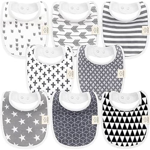 8-Pack Organic Baby Bibs for Boys, Girls - Soft Cotton Drooling and Teething Baby Bibs, Baby Girl Bibs, Baby Boy Bibs, Baby Drool Bibs for Baby Girl, Boy, Newborn Infant Bibs (Grayscale)