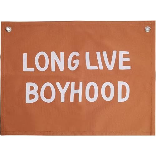 Canvas Long Live Boyhood Banner Wall Flag Wall Art for Nursery, 12"x 16" Modern Kids Room Decor Canvas Banner Brown Flag
